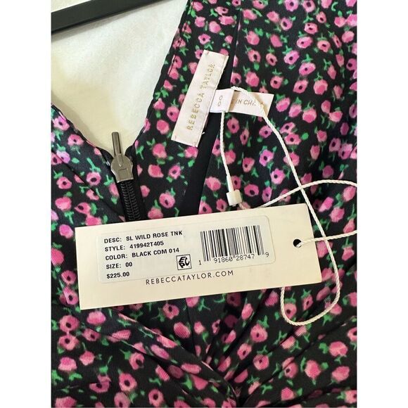NWT REBECCA TAYLOR Sleeveless Wild Rose Black Pink V-Neck Silk Blouse Tank Size - Picture 4 of 8